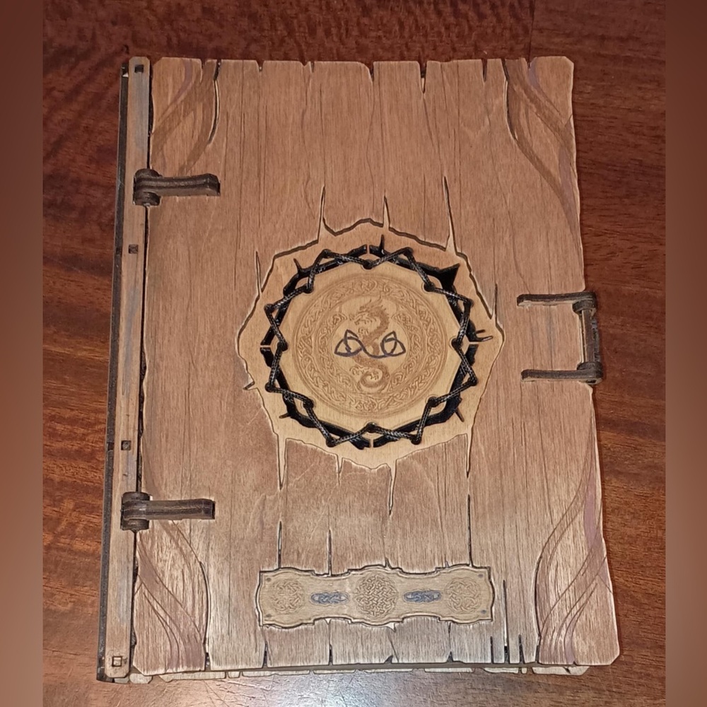 Laser cut engraved Unique wooden box resembling an old world book magnetic latch